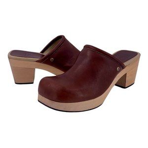 Frye KENDAL Brown Leather Wood Heel Platform Clogs Mules Size 8